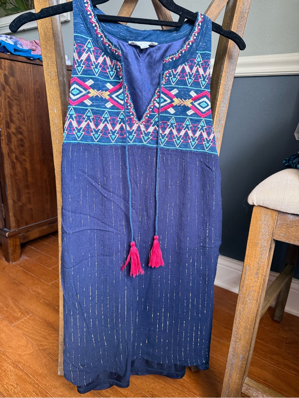 THML Navy Embroidered Boho Dress with Pink Tassels